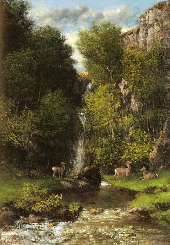 Gustave Courbet A Family of Deer in a Landscape with a Waterfall china oil painting image
